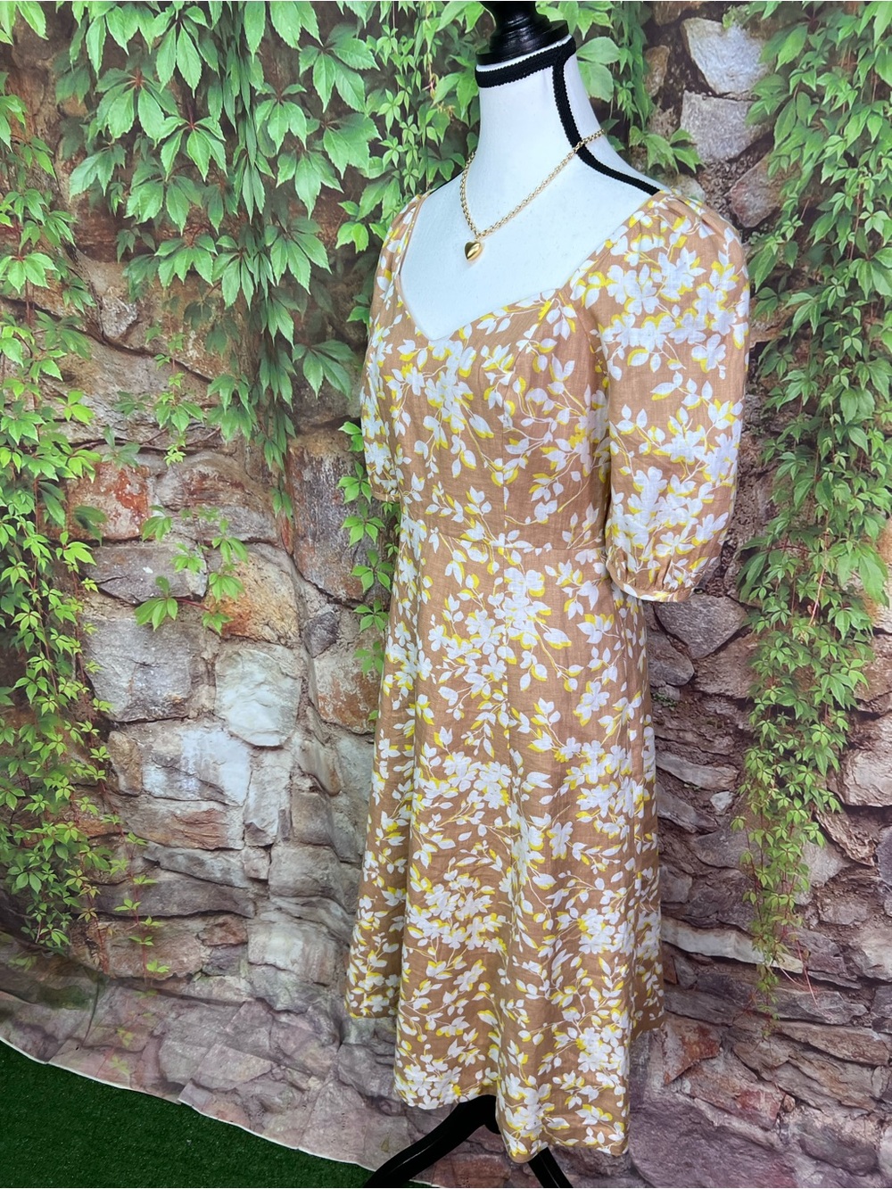 DRAPER JAMES Camel Cottagecore Floral Linen Sweetheart Neckline Dress, 2 - Picture 4 of 14